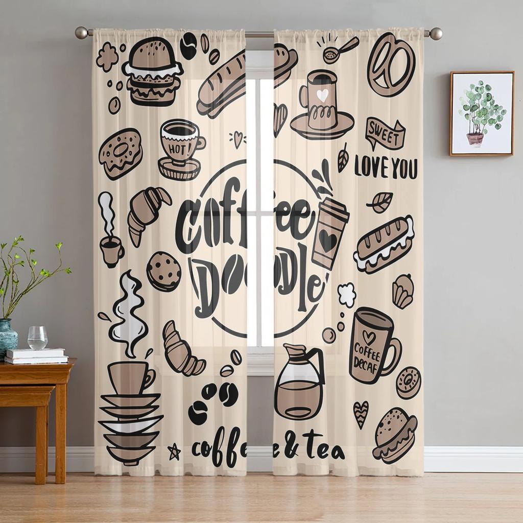 Vintage Text Coffee Tulle Curtains for Living Room Printed Sheer Voile Curtain Bedroom Window Screening Drapes Blinds Home Decor