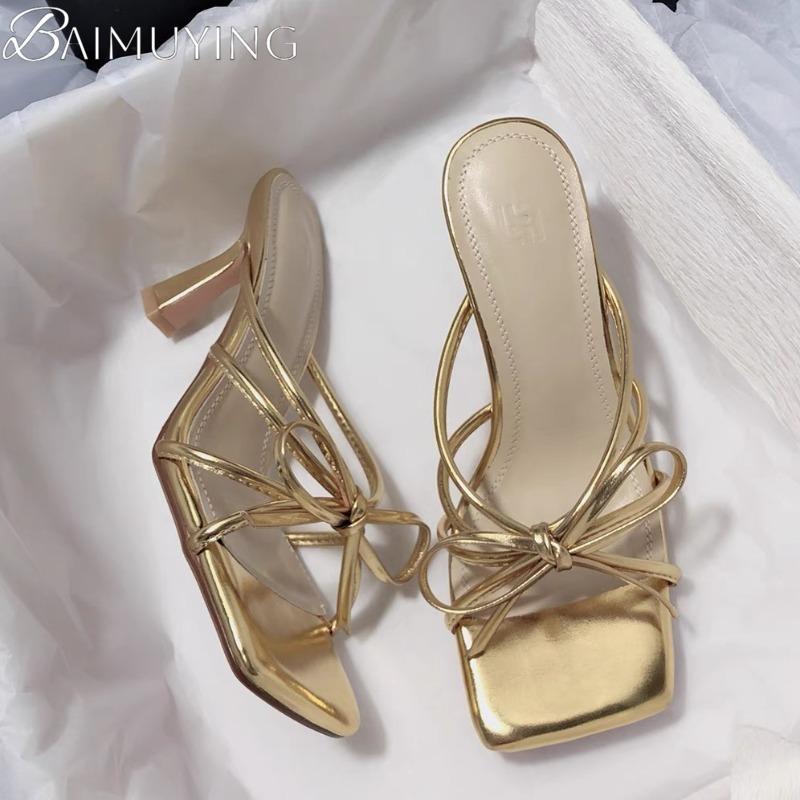 Fashion Bow Slippers Women High Heels Sandals Square Toe Shoes Elegant Summer 2025 Dress Luxury Pumps Trend Open Toe Shoes Casual Slides