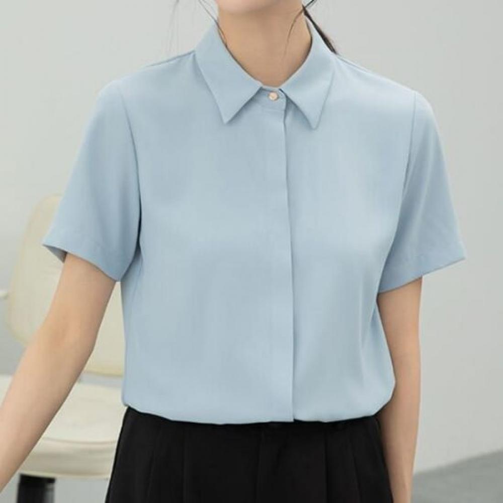 Navava Women Simple Office Solid Collar Short Sleeve Shirt Nb2595