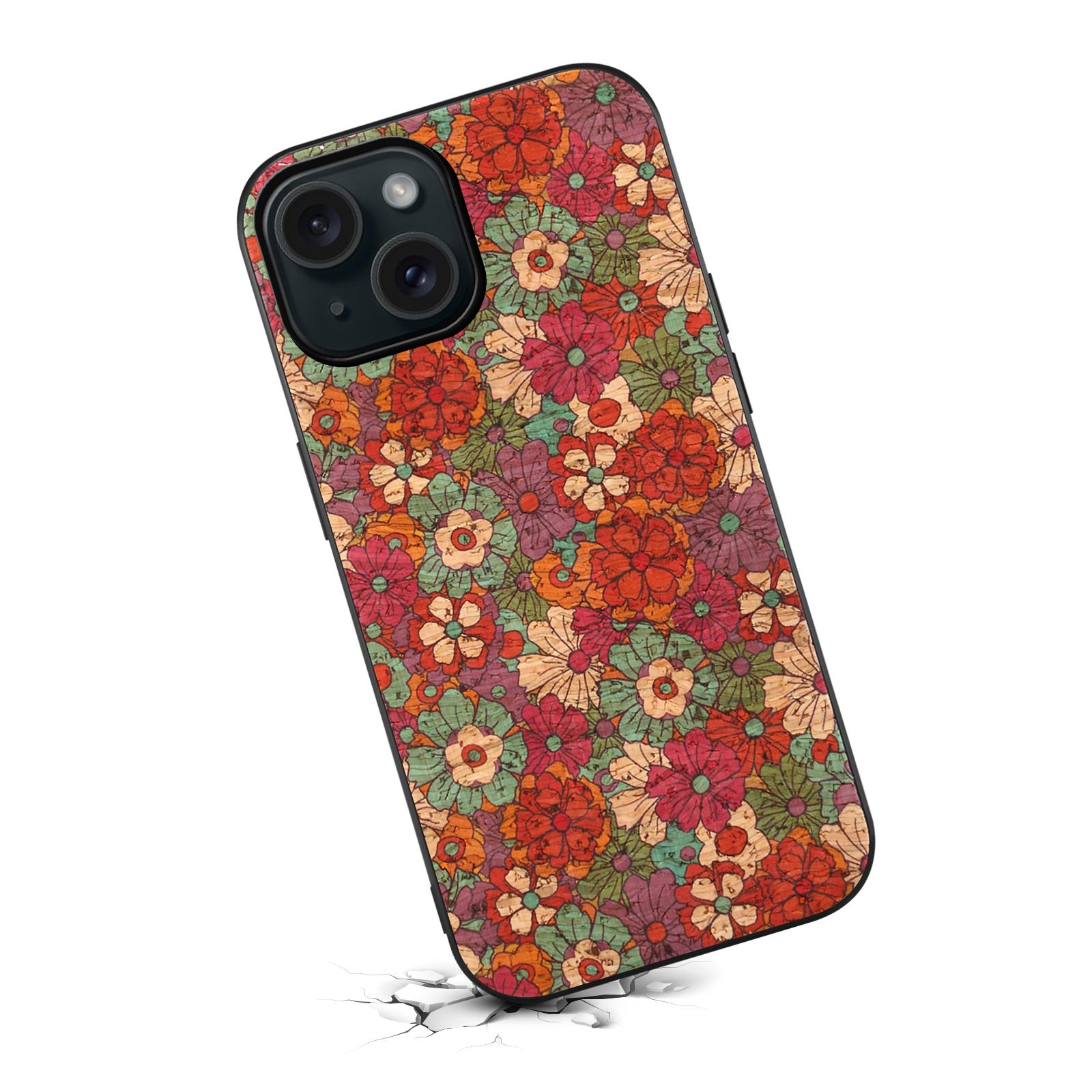

For iPhone 15 Leather Back Cover Floral Pattern TPU+PC Slim Phone Case Autumn/Yellow