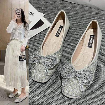 Damenschuhe 2026 Frühling Neue Mode Bequem Weiche Sohle Schleife Quadratische Spitze Ballerinas Leicht Strass Damen Freizeit Loafer