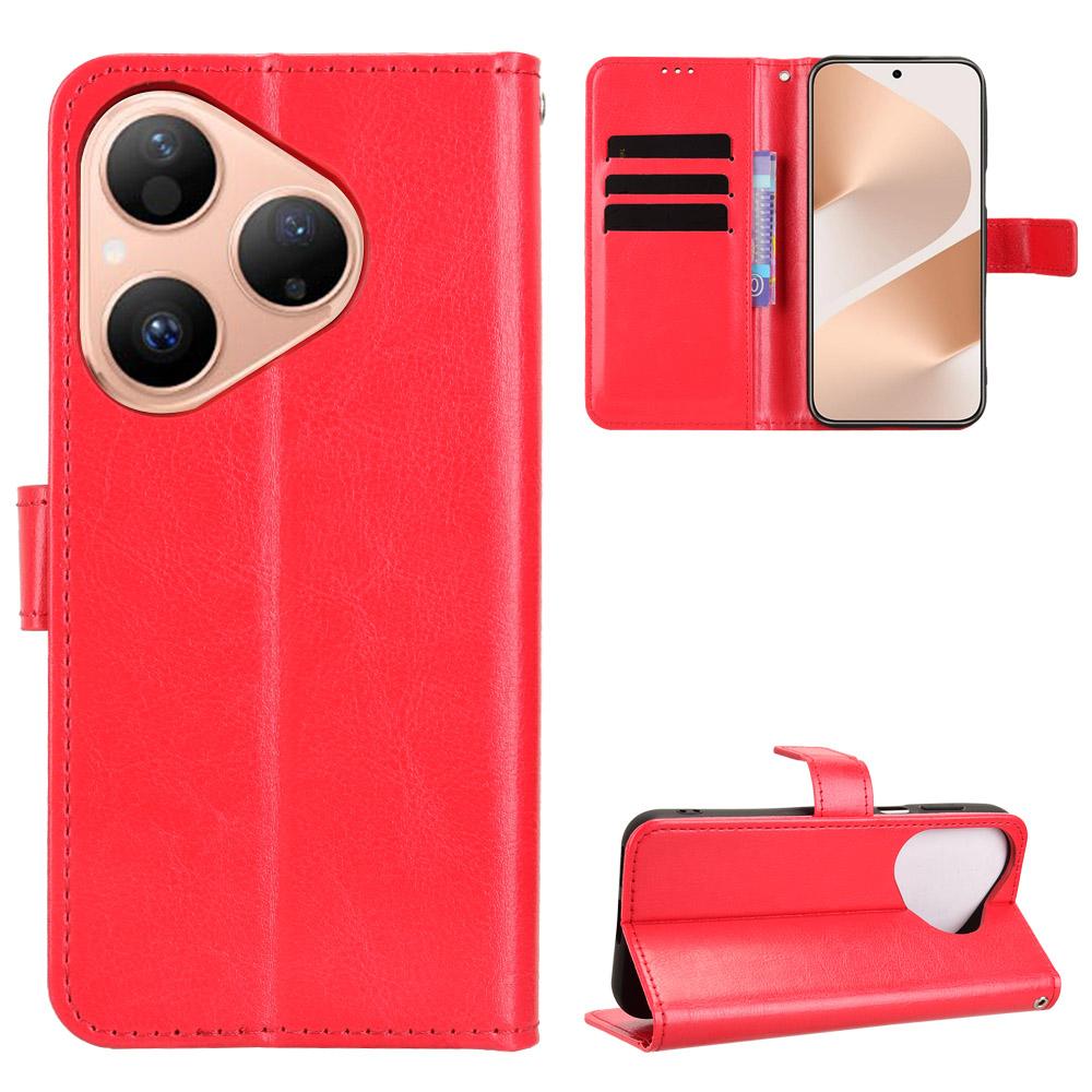 

For Huawei Pura 80 PU Leather Case with Strap Crazy Horse Texture Phone Wallet Cover Red
