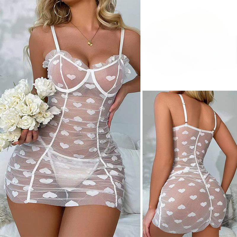 1 Set Mesh Frill Trim Underwire Slips & Thong Print Ruffle Slip Dress Lettuce Trim Ruched Babydoll Women's Sexy Lingerie & Underwear