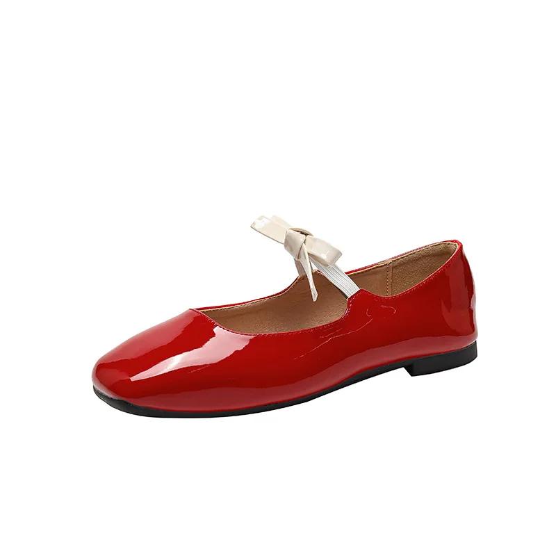 Flats Shoes Women Fashion Flat Single Shoes Women's New Spring and Autumn Bow French Retro Ballet Red Mary Jane Shoes