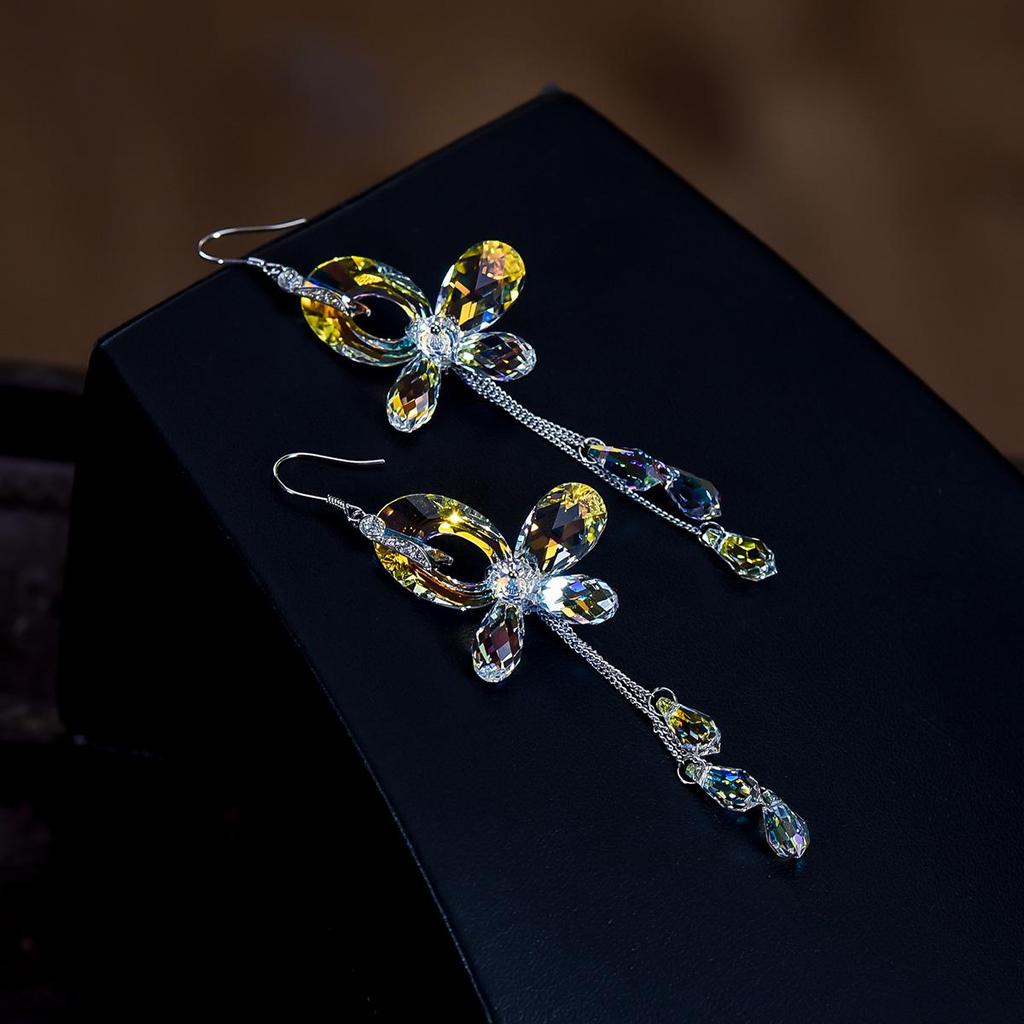 925 Sterling Silver Handmade Unique Dazzling Butterfly Earrings with Aurora Borealis Austrian Crystals  Long Tassels Boho Dangle  Ideal Jewelry Gift