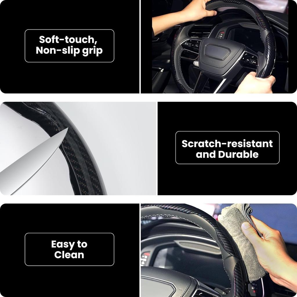 Carbon Fiber Steering Wheel Cover 3PCS Set – Anti-Slip, Scratch-Resistant, Universal Fit For 14–16 Inch Wheels – Interior Car Accessories For