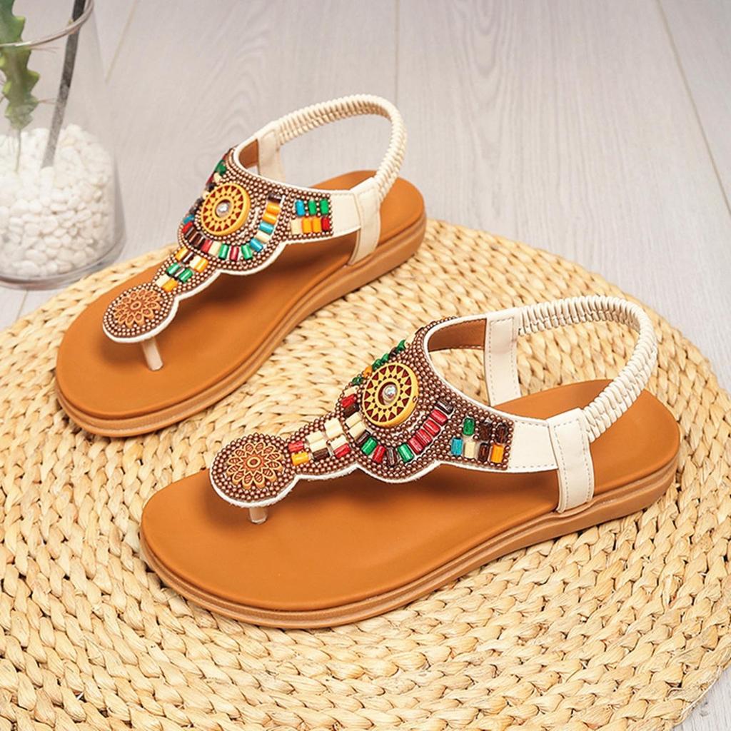Large size rhinestone herringbone clip toe thick bottom ethnic elastic band bead beach sandals
