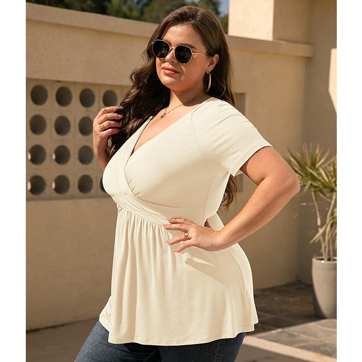 

Женская летняя свободная однотонная футболка с короткими рукавами и V-образным вырезом больших размеров XXXXL абрикосовый