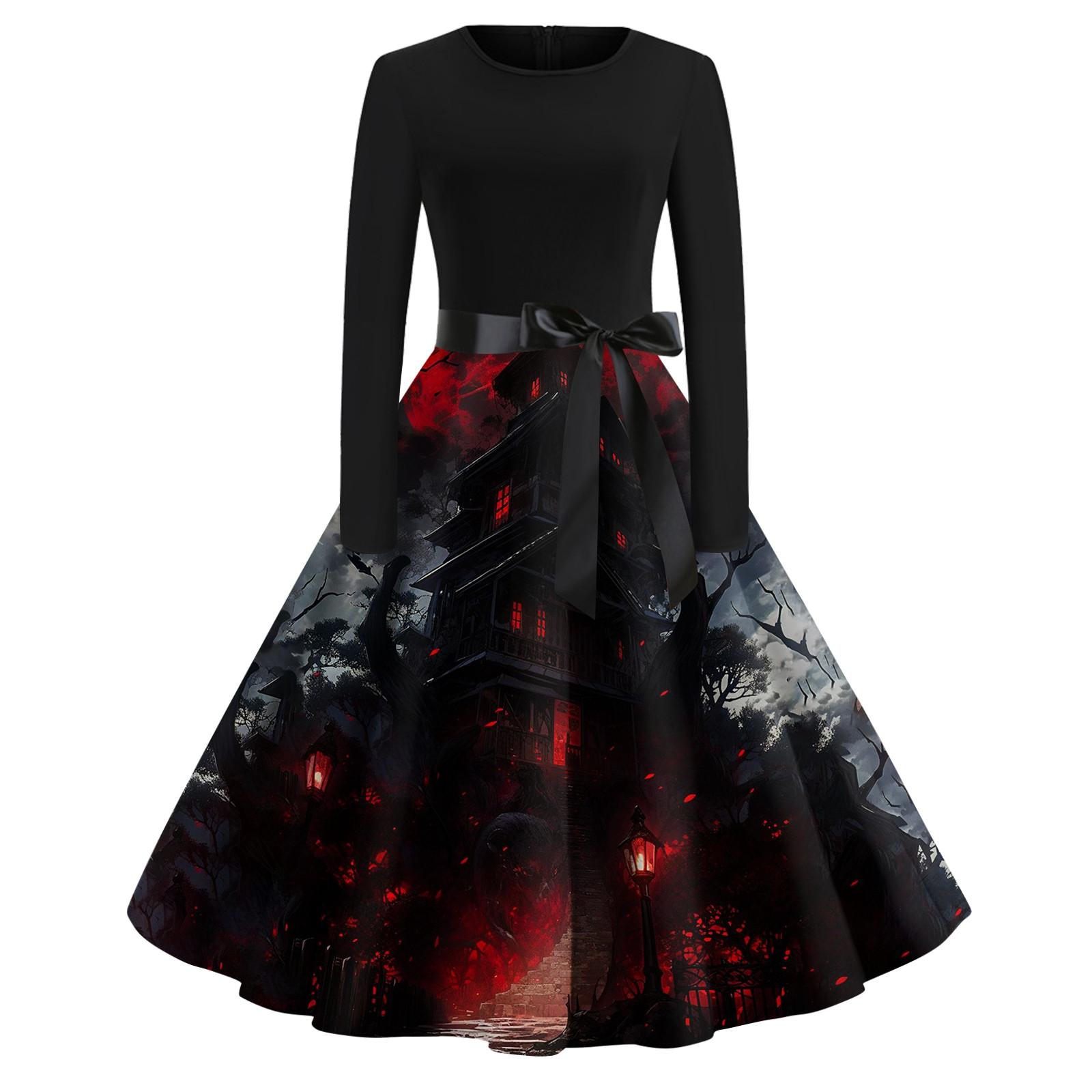 

Женское винтажное платье для выпускного вечера с длинным рукавом и принтом на Хэллоуин для всей семьи S