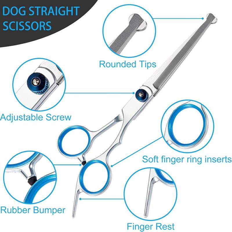 Pet Grooming Scissors Round Head Professional Stainless Steel Dog Hair Scissors Durable Pet Shears Animal Cutting Portable Set