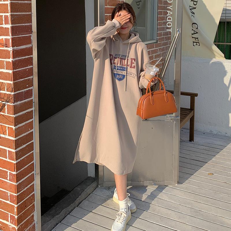 Mid-length Sweatshirt for Women Korean Style Striped Long-sleeved Dress for Winter Korean Style Loose Over-knee Plus Velvet