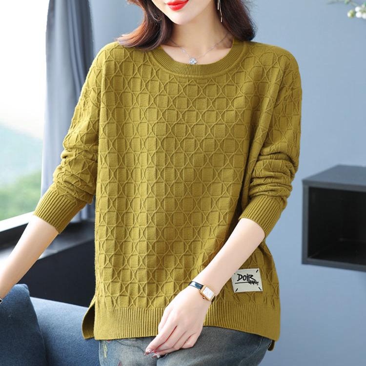 Spring and Autumn Women's Plus Size Knit Sweater Thin Loose Crew Neck Pullover Knitwear Short Slit Stretch Knit Top Jumper
