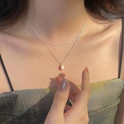 925 Sterling Silver Freshwater Pearl Pendant Double-Layer Necklace Female Clavicle Chain French Retro Girlfriends Gift Pendant Silver