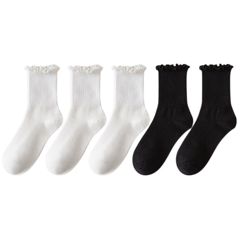 Urban Beauty 5 Pairs Women's Cotton Mid-Calf Socks with Lace Ruffled Edges Long Socks for Autumn and Winter, Suitable for Leather Shoes
