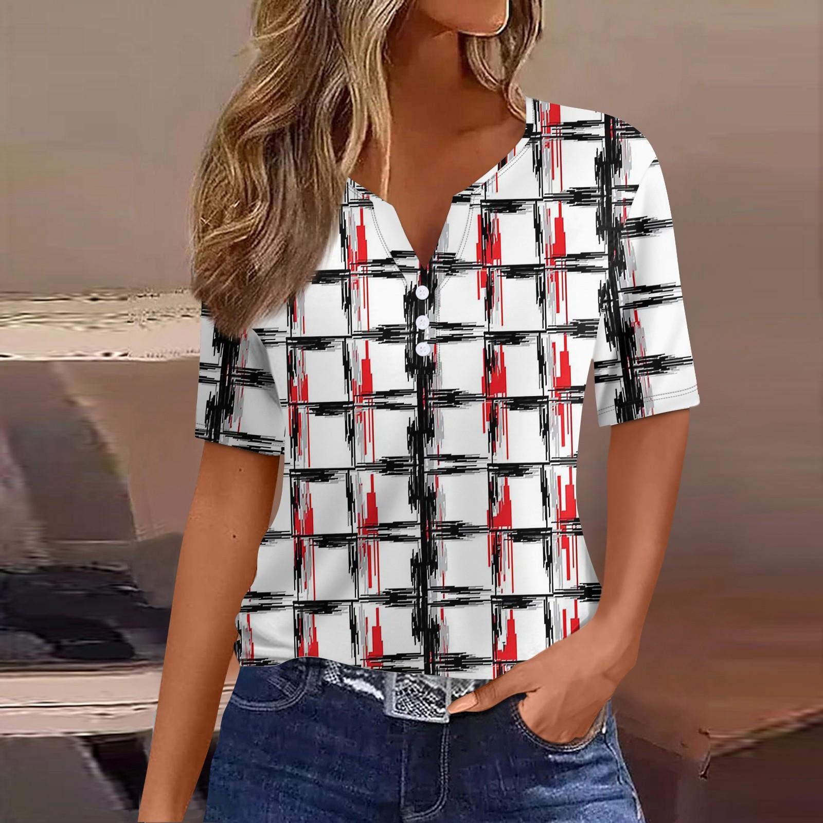 

Жен. Футболка Футболка С принтом Пуговицы С короткими рукавами Повседневные Выходные Мода Классический V-образный вырез Обычный Верх M красный