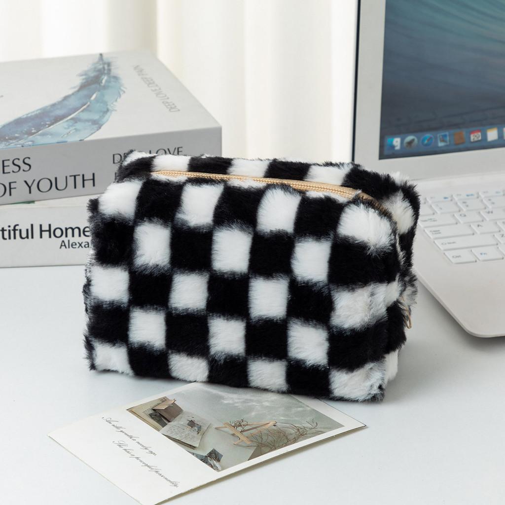 Plush Checkered Pencil Case With Breathable Fabric For Students And Daily Use