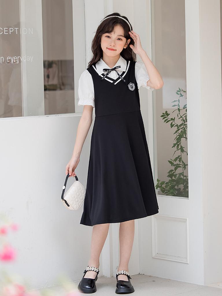 Girls' School Uniform Set with Ruffles, Summer Toddler Girls' College Style Dress Two Piece Outfit