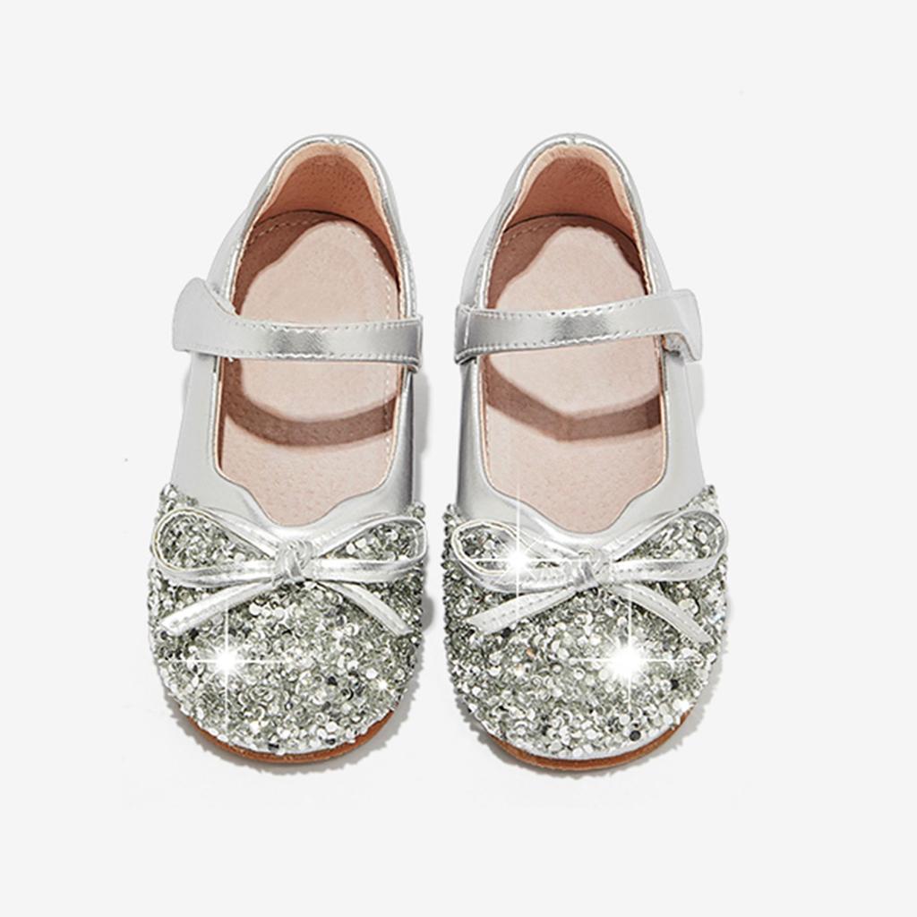 Girls Princess Shoes Shiny Sequins Kids Flat Shoes Round Toes Sweet 2025 New Children Dance Shoes Simple Bows Wedding Non-slip