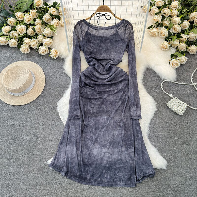 Spring and Autumn Retro Sexy Long Sleeves Suspender Skirt Mesh