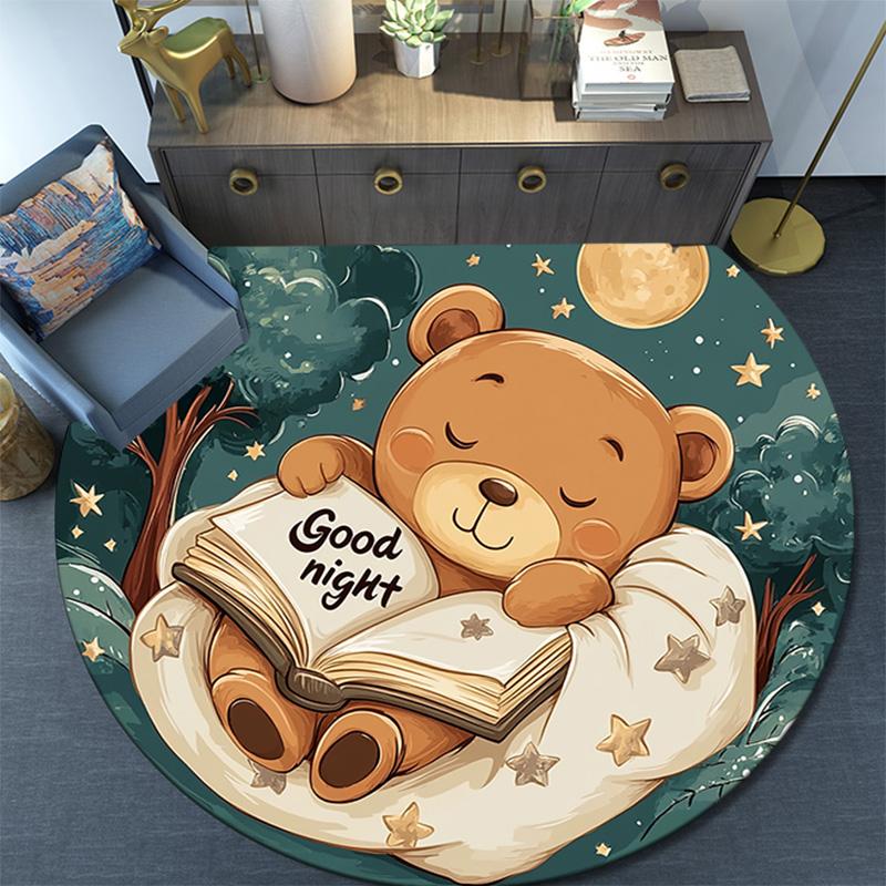 Teddy Bear Reading Book Round Area Rug,Carpet Rug for Living Room Bedroom Sofa Playroom Decor,Non-slip Floor Mat