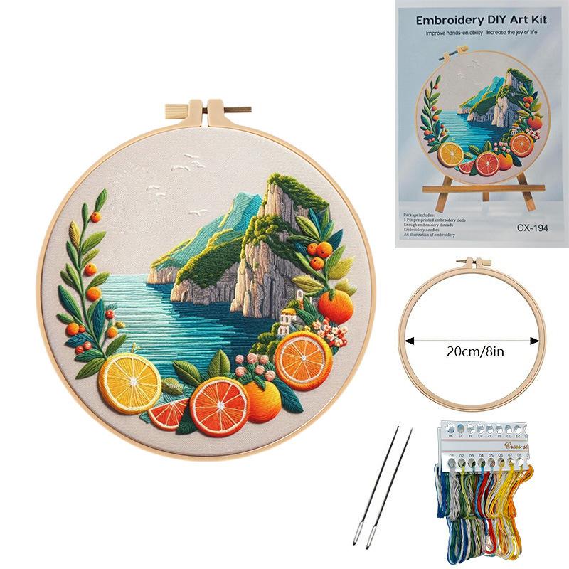 1set Spring/Summer Mountain and Sea Series Embroidery DIY Material Kit, including tools, suitable for beginners. Hand embroidery fabric materials.