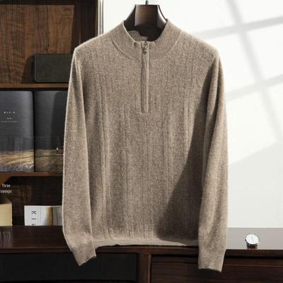 Men's Middle-Aged Cashmere Jacquard Sweater with Half-High Collar Zipper - Thick and Warm for Autumn and Winter