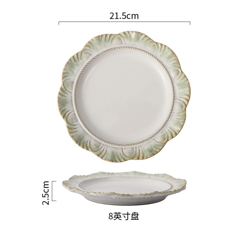 European-Style Relief Ceramic Tableware Set, Household Kiln Change, Retro Western Food Plate, Cup Plate Combination, Steak Pizza Plate, Bone Plate.