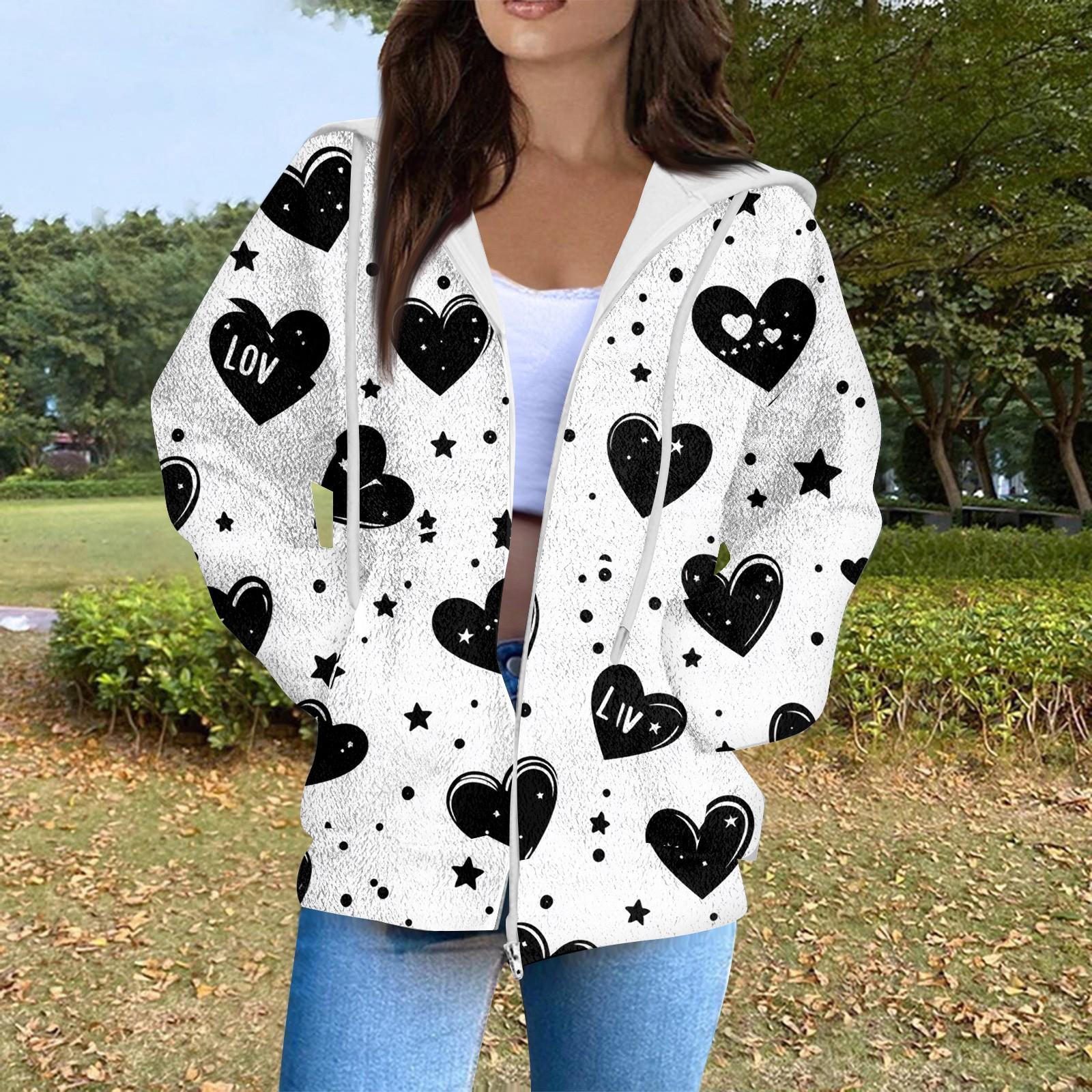 

Женская мода повседневная куртка-кардиган с длинным рукавом и принтом ко Дню святого Валентина с карманом на молнии XXL чёрный