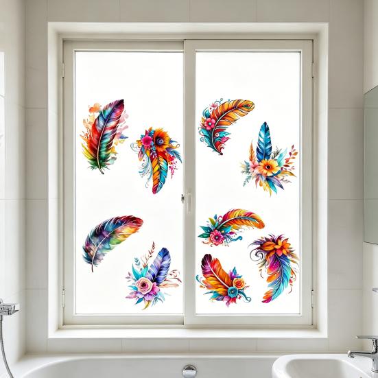 Watercolor Feather Flower Pattern Window Sticker, Transparent Electrostatic Adhesion Glass Decal, Waterproof Scratch-Resistant Decorative Film