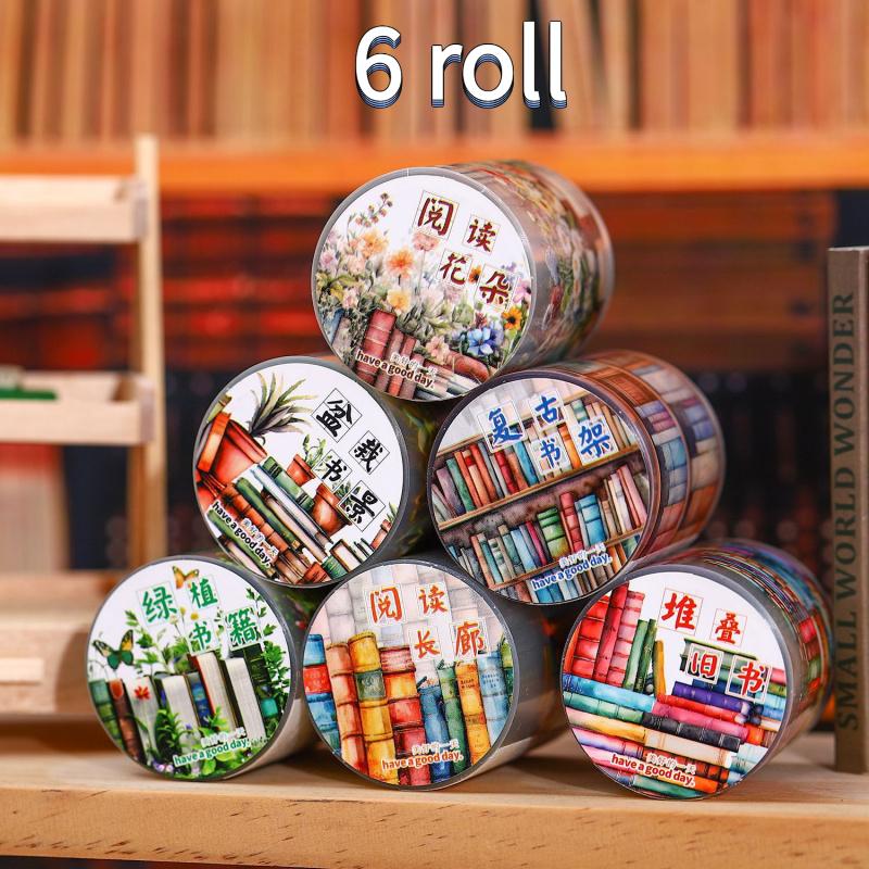 6 volumes/set, vintage style, reading theme, scenic patterns, waterproof, handmade scrapbook diary decorations, self-adhesive 6 roll