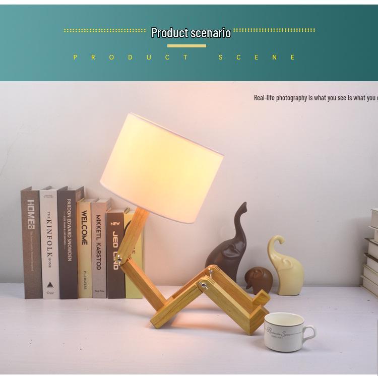 Nordic Solid Wood LED Bedside Night Light - Robot Table Lamp