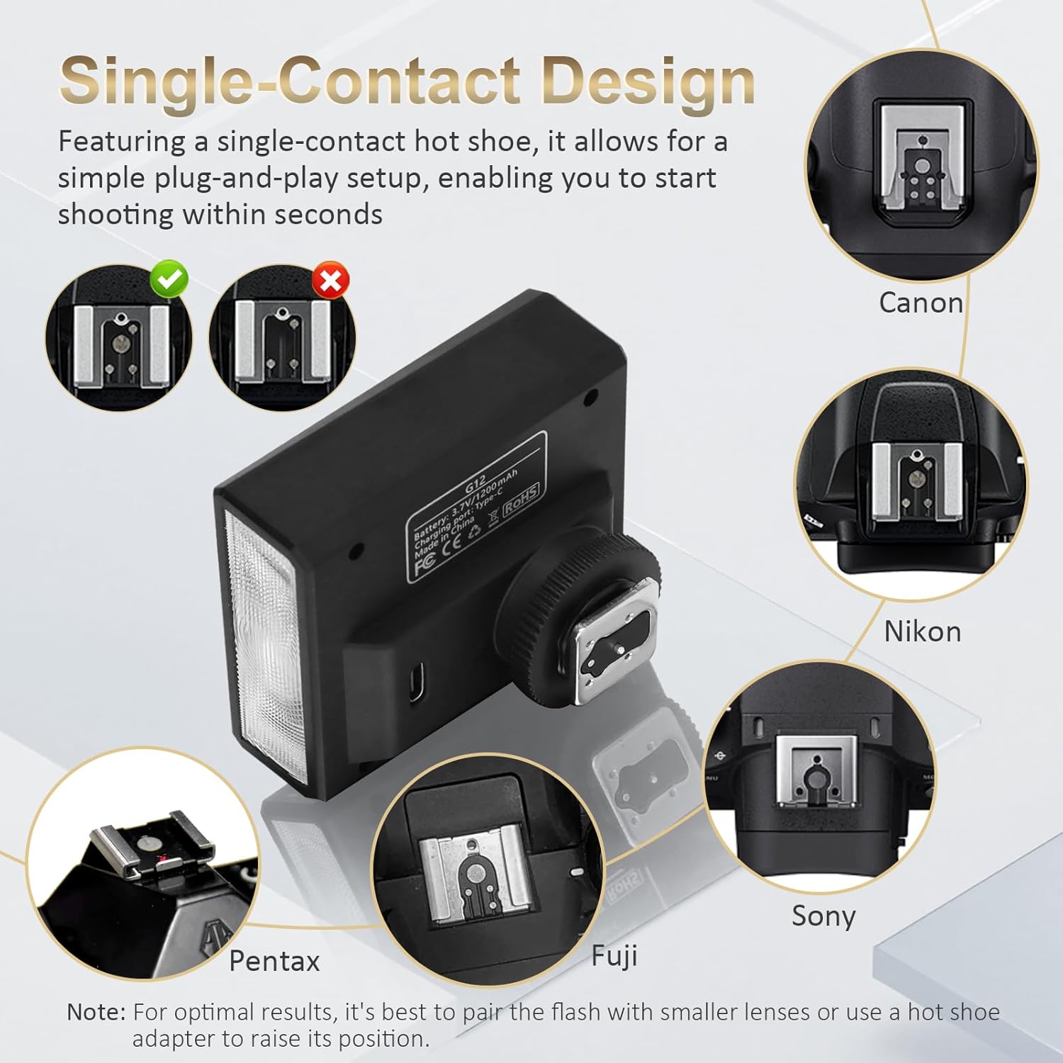 G12 Mini Camera Flash Speedlite, GN12 5600K,USB-C Charging Built-in 1200mAh Battery Compatible for