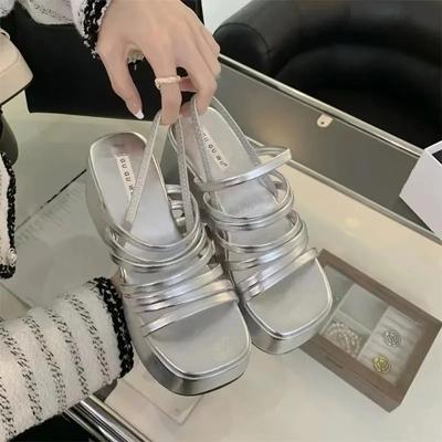 Fashion Silver Wedge Sandals Women Platform Shoes Black Belt High Heels Gladiator Chunky Heeled Sandals Summer Wedges Zapatos De Mujer
