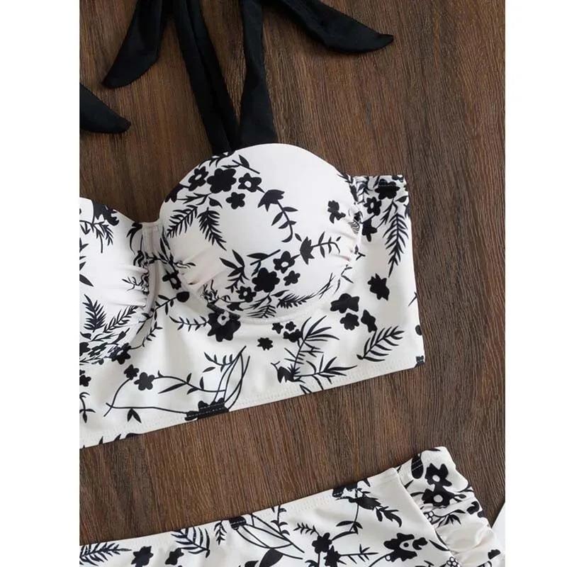 Sexy High-Waist Bikini Swimsuit Women's Small Chest Gathered Swimwear New Cross-Border Print Two-Piece Female Fashionable