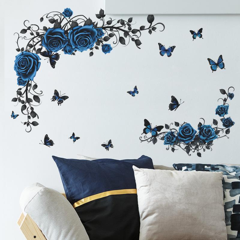 Romantic Blue Rose Flowers Wall Stickers Home Decor Butterfly Decoration Vinyl Murals Decals