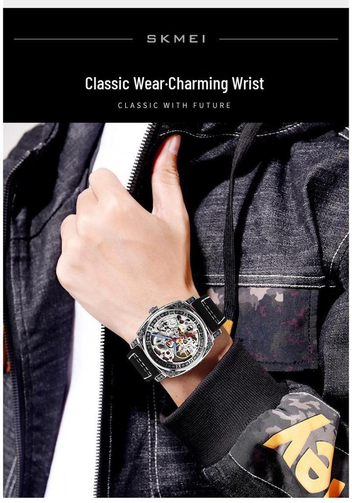 Skmei Fashion Square Men's Mechanical Watch with Leather Strap