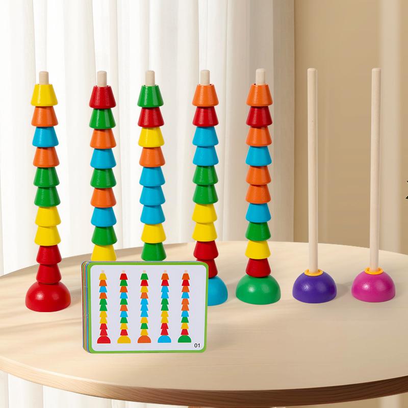 Interesting Toys Unisex Wooden Abacus Stacking Columns - With Beads Sorting Columns And Cards To Exercise Hand-Eye Coordination And Color Recognition