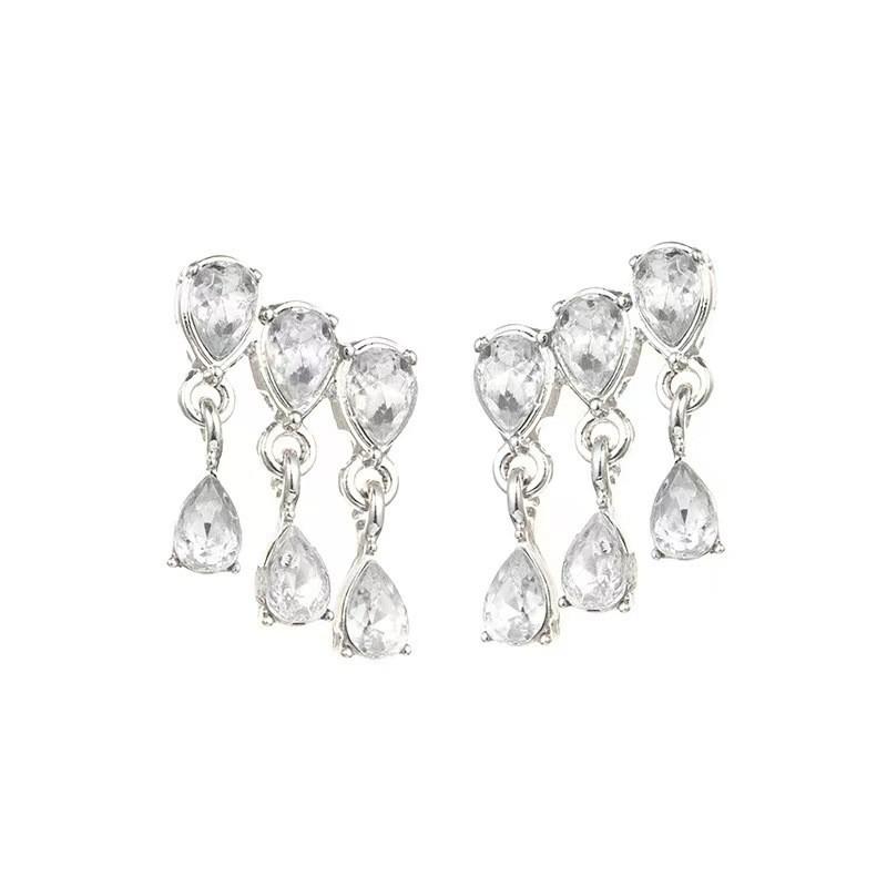 Super Flash Row Diamond Fashion Simple Double Row Water Drop Earrings High Sense Femininity Light Luxury Silver Needle Earrings Fashion Earrings