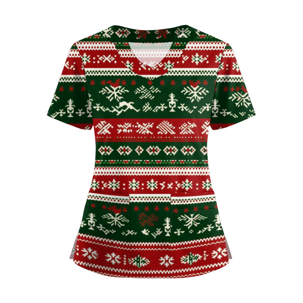 Women's Short Sleeved Christmas Printed V-neck Buttonable Side Slit Top T-shirt