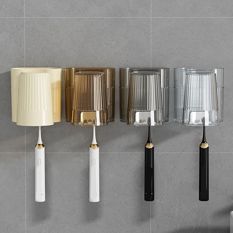 Étagère Murale Porte-Brosses à Dents Sans Perçage Salle de Bain Multifonctionnel Support à Dentifrice Rangement Tasses Rince-Bouche