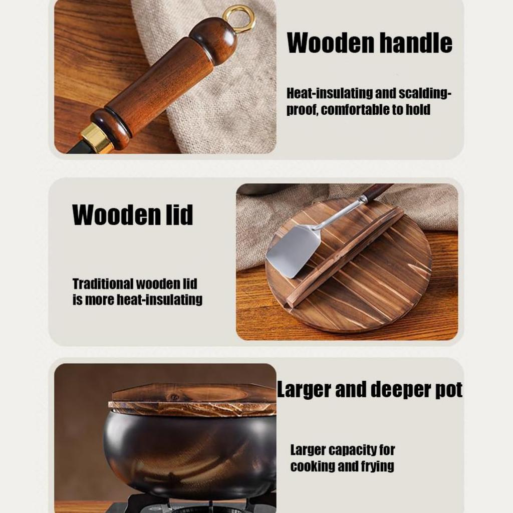 Uncoated Iron Pot, 9.45 Inch Hand-Forged Non-Stick Iron Pot, Uncoated,  For Cookware Gas Wok Round Bottom With Lid