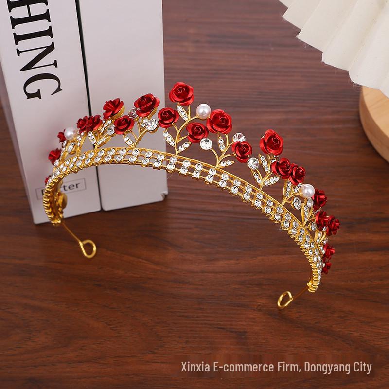 European Red Baroque Crown Headdress: Crystal Wedding Hair Accessories