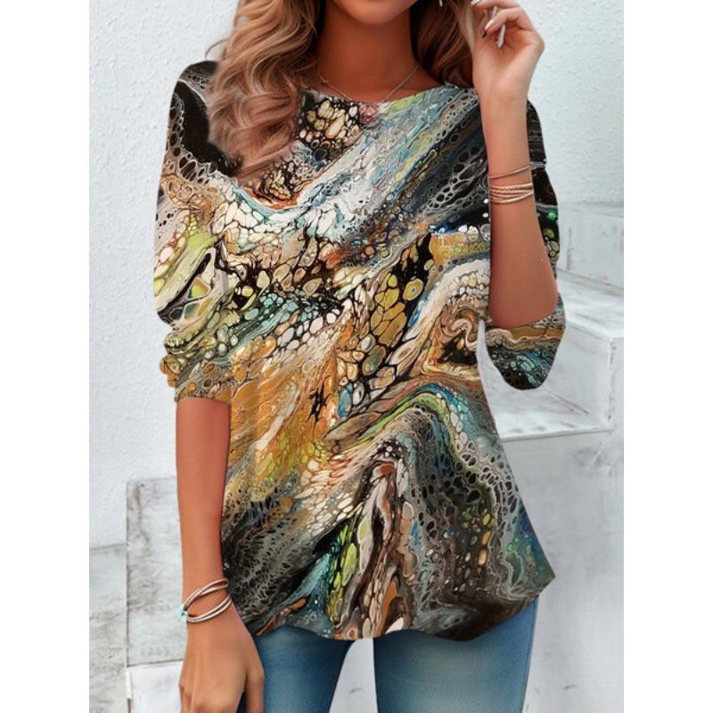Round Neck 3D Printed Top Colorful Fashionable Casual Long Sleeved Women's T-shirts