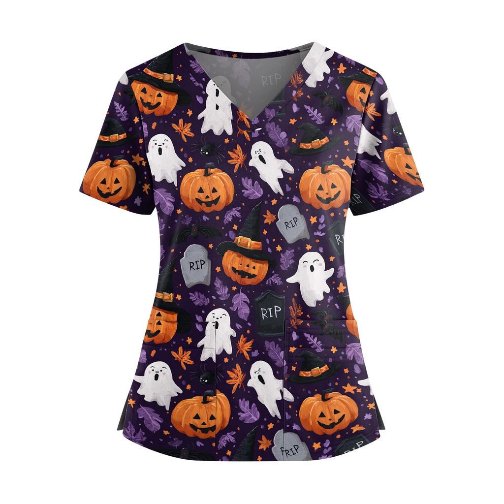 Women's V Neck Short Sleeve Medical Scrub Top with Double Pockets Side Slit Hem Halloween Print Nurse Uniform Shirt
