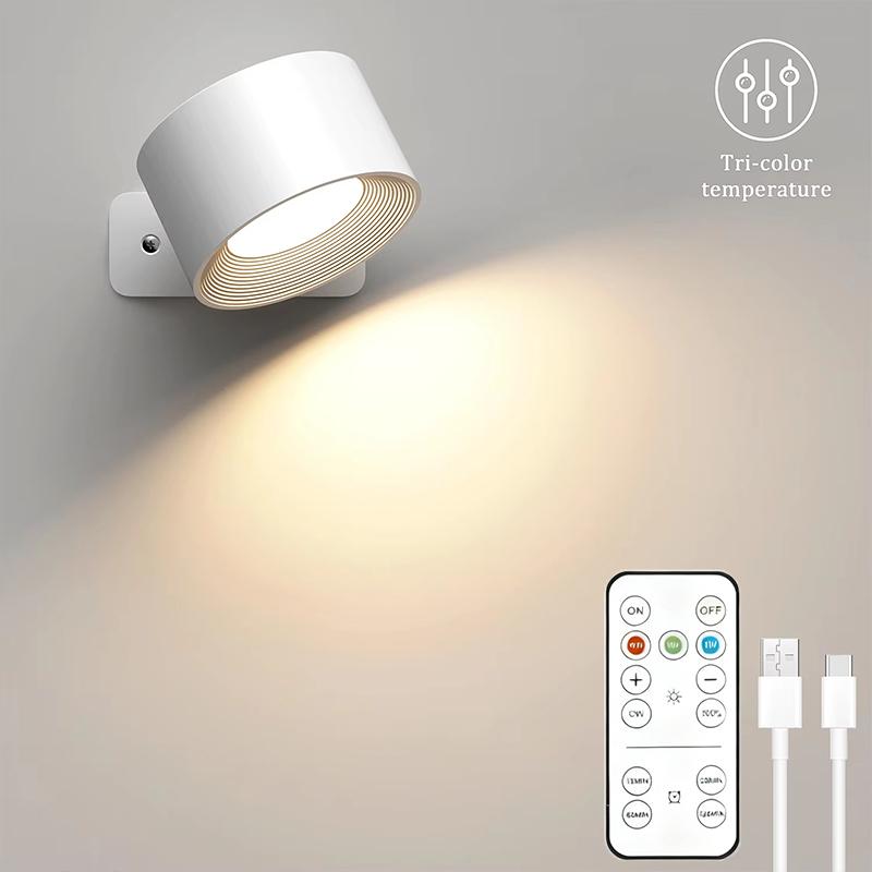 LED Wall Lights with Remote, Rechargeable Wall Mounted Reading Sconces Lamp 2000mAh, 3 Colors & Dimmable Magnetic 360° Rot