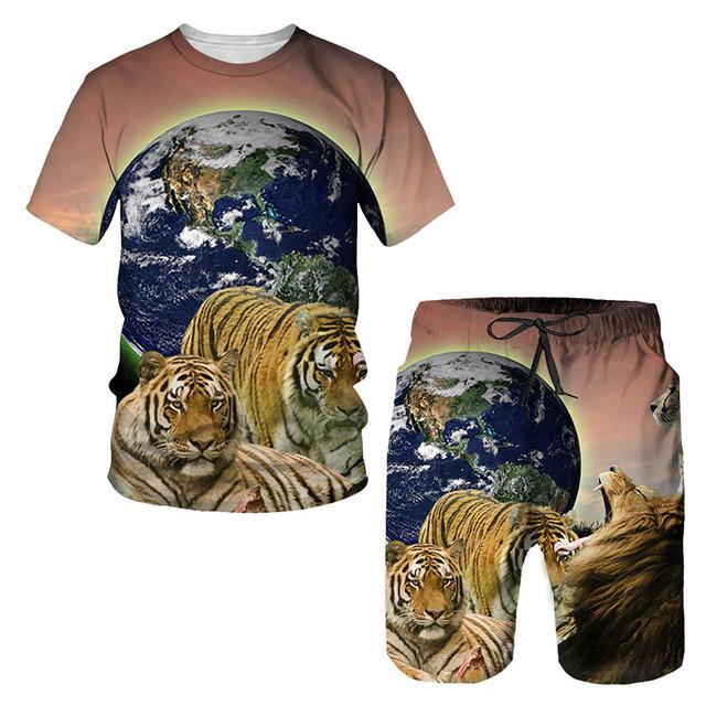 Tricou/costumul cu imprimeu 3D The Tiger, cu mâneci scurte, cu gâtul O, pantaloni de plajă pentru bărbați, set de 2 bucăți, îmbrăcăminte sport pentru cuplu, pantaloni scurți de înot