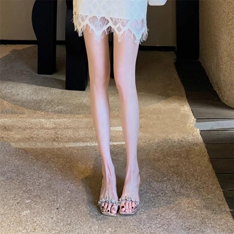Show leg length~ silver rhinestone transparent sequin thick high-heeled sandals 2025 summer new crystal cool slippers