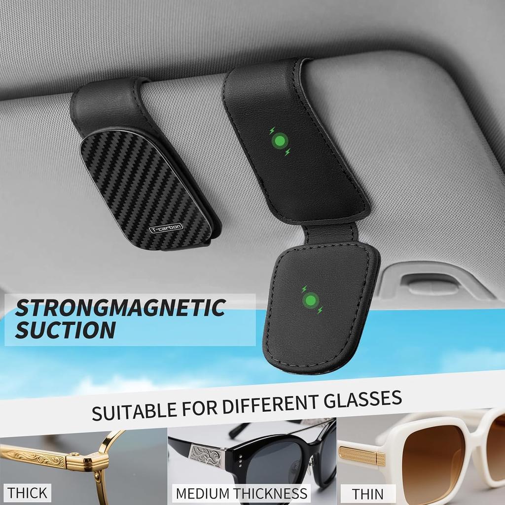 T-carbon Sunglass Holder for Car Sun Visor | Magnetic Leather Glasses Holder,Carbon Fiber Sunglasses Holder and Ticket Card Clip,Car Accessories