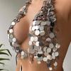 European & American Silver Sequin Halter Top & Body Waist Chain
