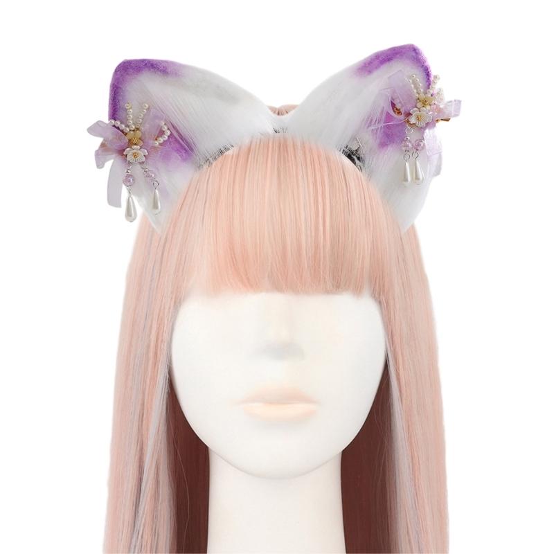 Bandeau Oreilles de Chat Dessin Animé avec Épingle à Cheveux Fleurie Support de Cheveux Accessoire de Tête Cosplay Fête